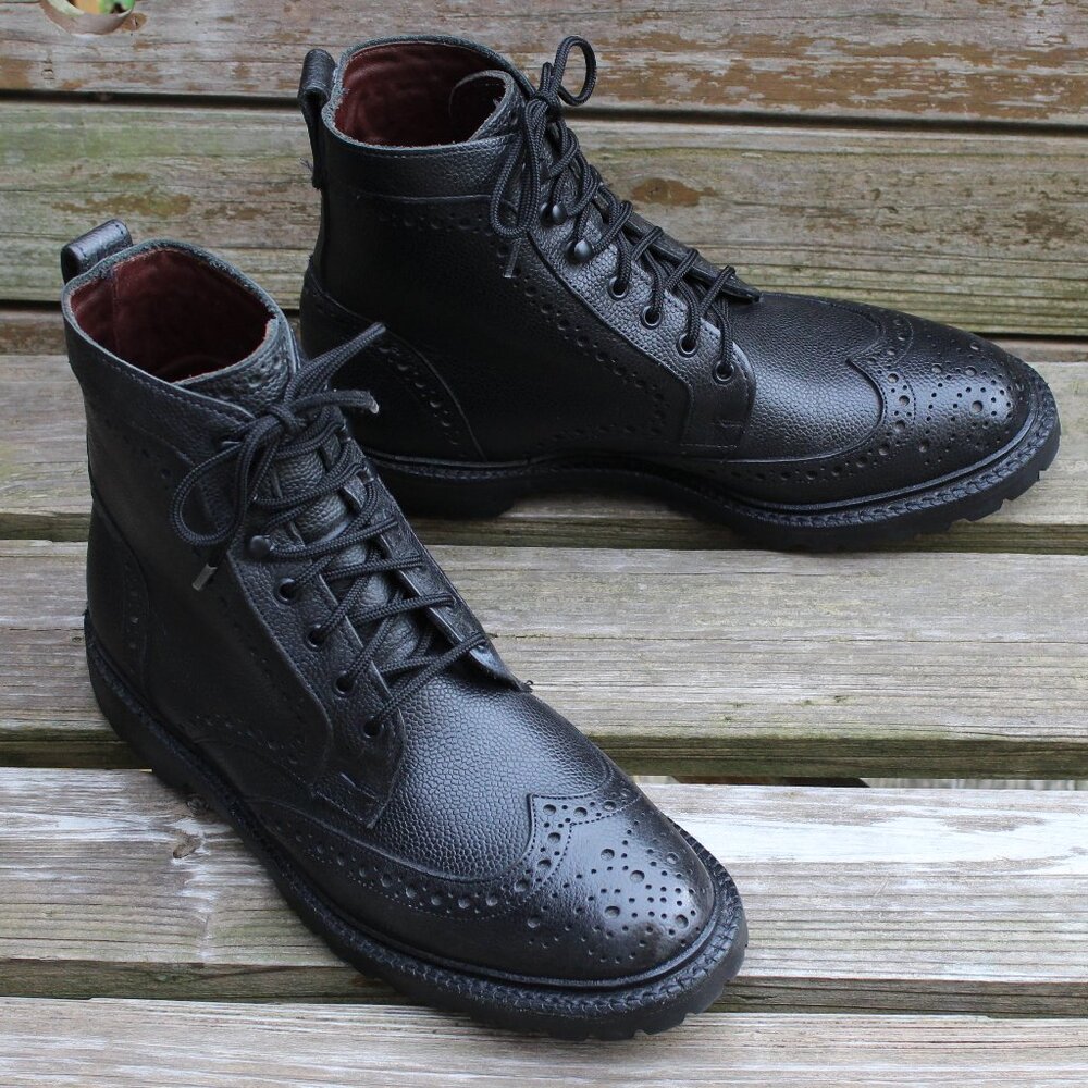 Allen Edmonds "Long Branch" Black Leather Wingtip Boots, Men's 8 D, Made in USA